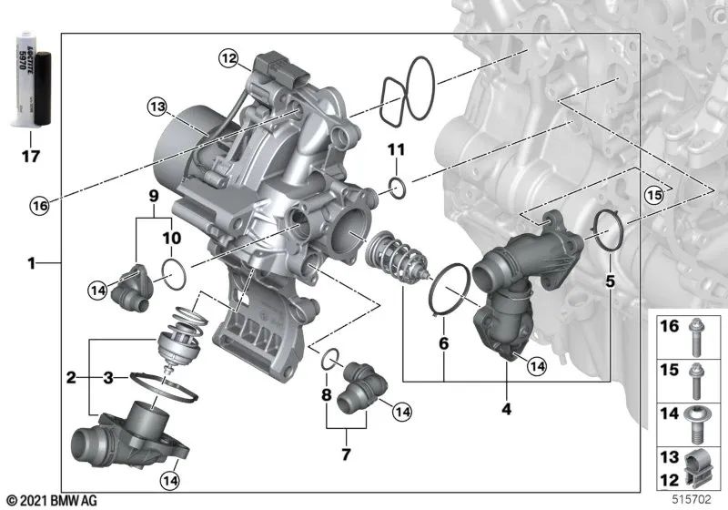 Bomba de refrigerante con termostato y soporte para BMW Serie 2 U06, X1 U11 (OEM 11518471945). Original BMW