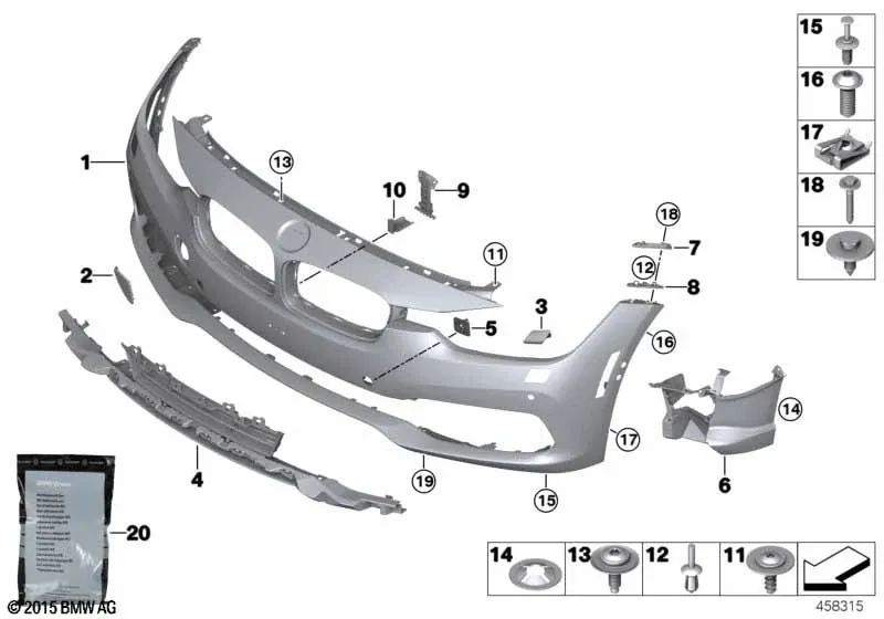 Front bumper trim primed for BMW 3 Series F30N, F31N (OEM 51117445115). Original BMW