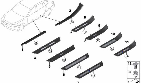 Cubierta de entrada iluminada trasera derecha para BMW Serie 5, F07N (OEM 51477337016). Original BMW