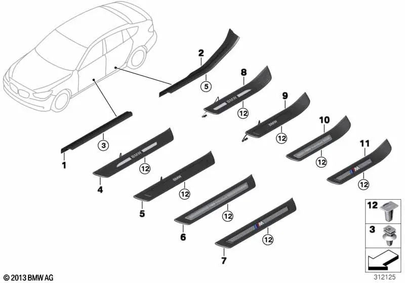 Moldura de entrada interior delantera izquierda para BMW Serie 5 F07, F07N (OEM 51477220435). Original BMW.