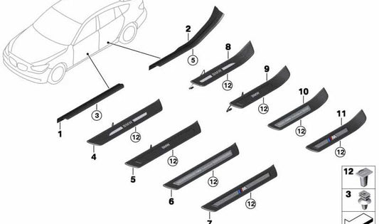 Lista de cubrimiento entrada interior trasera izquierda para BMW F07, F07N (OEM 51479167361). Original BMW.