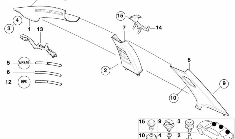 Cubierta ITS pilar A izquierda para BMW Serie 3 E46 (OEM 51168238963). Original BMW.