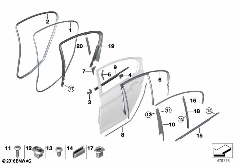 Guía de ventana puerta trasera izquierda para BMW F90, G30 (OEM 51357381281). Original BMW.