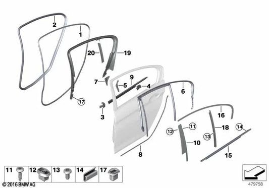 Cubierta exterior del canal, puerta trasera, derecha para BMW Serie 5 F90, F90N, G30, G30N (OEM 51357390132). Original BMW.