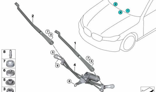 Mecanismo limpiaparabrisas con motor OEM 61619851351 para BMW F90, G30, G31, G11, G12. Original BMW.