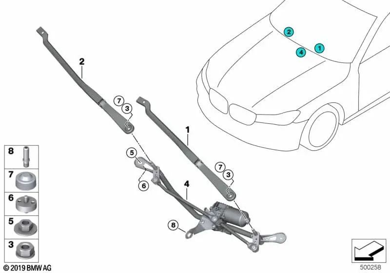 Brazo Limpiaparabrisas Lado del Pasajero para BMW Serie 5 F90, G30; Serie 7 G11, G11N, G12, G12N; Serie 8 F91, F92, F93, G14, G15, G16 (OEM 61619463873). Original BMW