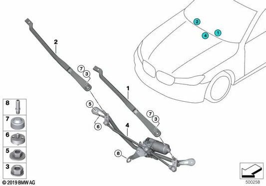 Beifahrerseitiger Scheibenwischerarm für BMW 5er F90, G30; Serie 7 G11, G11N, G12, G12N; Serie 8 F91, F92, F93, G14, G15, G16 (OEM 61619463873). Original BMW