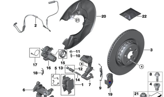 Soporte de freno trasero izquierdo OEM 34208843039 para BMW (Modelos compatibles: F20, F21, F22, F30, F32, G30, G31, G11, G12). Original BMW.