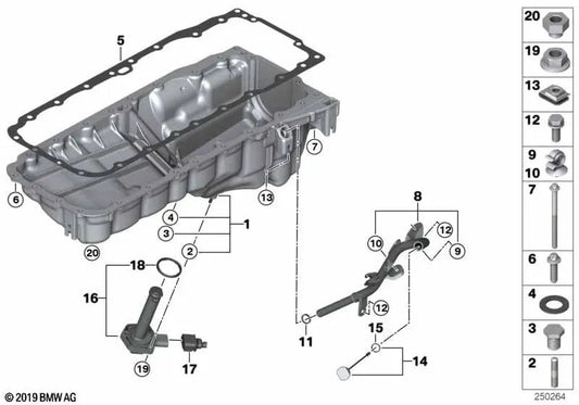 Oil pan for BMW 3 Series E90N, E91N, E92, E92N, E93, E93N, 5 Series F07, F10, F11, 7 Series F01, F02 (OEM 11137800322). Genuine BMW.