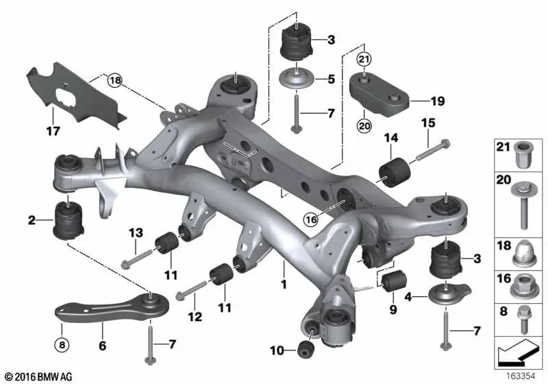 Cojinete de goma delantero para BMW Serie 1 E81, E82, E87, E87N, E88, Serie 3 E90, E90N, E91, E91N, E92, E92N, E93, E93N, X1 E84 (OEM 33176760287). Original BMW