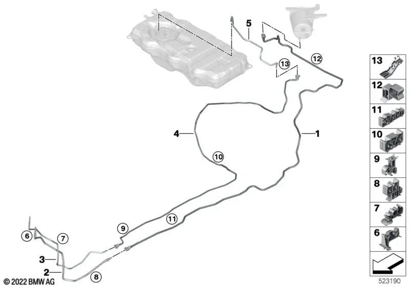 Tubería de combustible delantera para BMW Serie 3 G20, G21, G28, Serie 4 G22, G23 (OEM 16127449027). Original BMW.