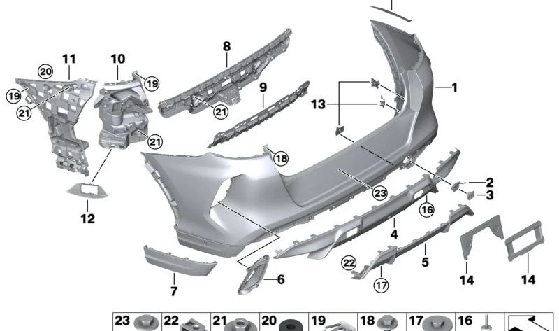 Soporte esquina izquierda del parachoques trasero OEM 51128075211 para BMW F96 (X6 M). Original BMW.