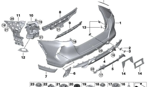 Soporte parachoques trasero esquina derecha para BMW F96 (OEM 51128075212). Original BMW.