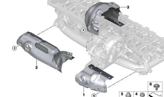 Auspuffkrümmer-Hitzeschildplatte für BMW 3er G20, G21, 4er G22, G23, 5er G30N, G31N, 6er G32N, 7er G11N, G12N, 8er G14, G15, G16, X3 G01, X4 G02, X5 G05, X6 G06, X7 G07 (OEM 11628598168). Original BMW