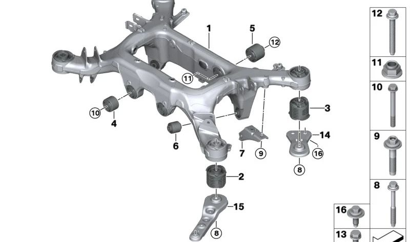 Cojinete de goma trasero para BMW G60, G61, G68, G70 (OEM 33176897625). Original BMW