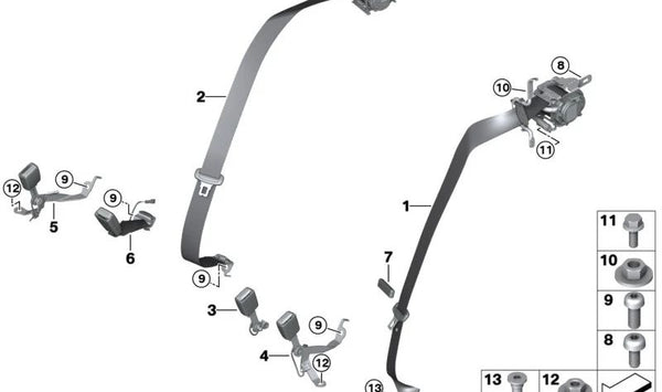 Cinturón de seguridad trasero exterior derecho OEM 72115A32E48 para BMW Serie 1 (F20, F21), Serie 3 (F30, F31), Serie 4 (F32, F33, F36). Original BMW.