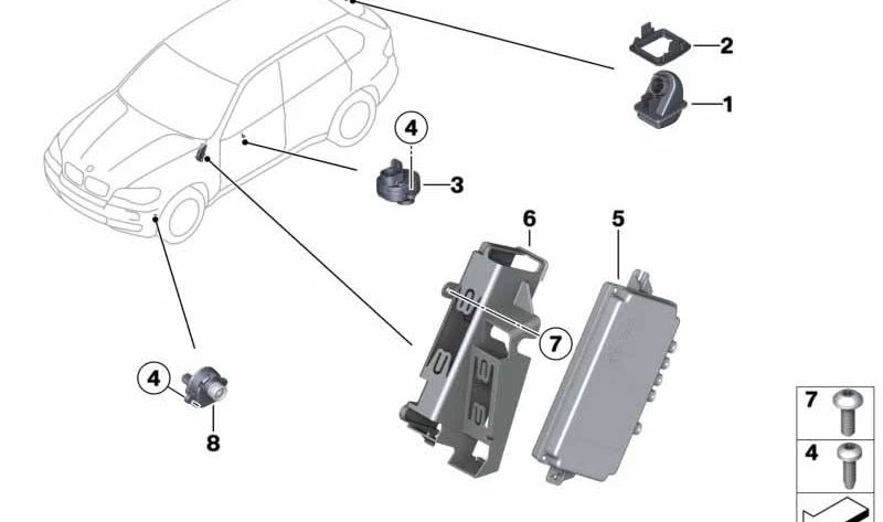 Cámara lateral OEM 66539240352 para BMW {F30, F31, F34, F35, F80, F32, F33, F36, F82, F83, F07, F10, F11, F18, F06, F12, F13, F01, F02, F04, E70, E71, E72}. Original BMW.