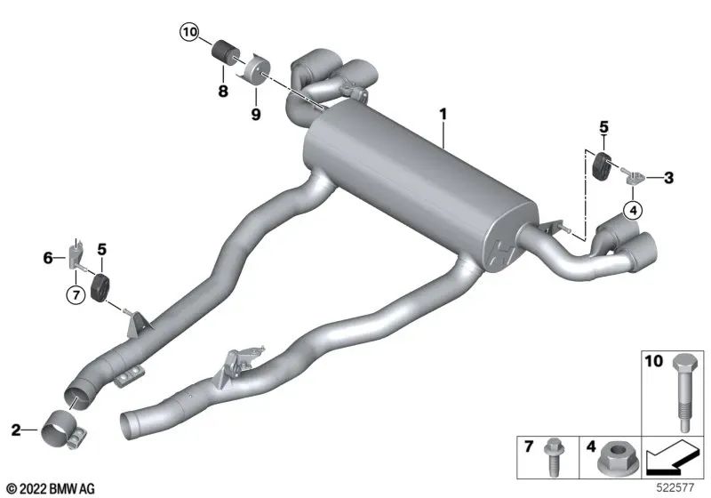 Soporte delantero del silenciador para BMW F90, G30, G31 Serie 6 G32 Serie 7 G11, G12 Serie 8 F91, G14 X5, X6 (OEM 18308582062). Original BMW.