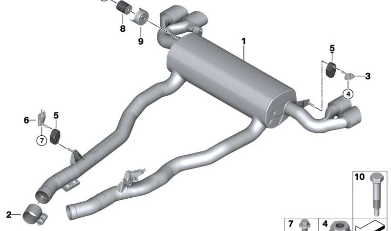 Rechte hintere Schalldämpferhalterung für BMW F90, G30, G31, G32, G11, G12, F91, G14, F95, F96 (OEM 18308582061). Original BMW