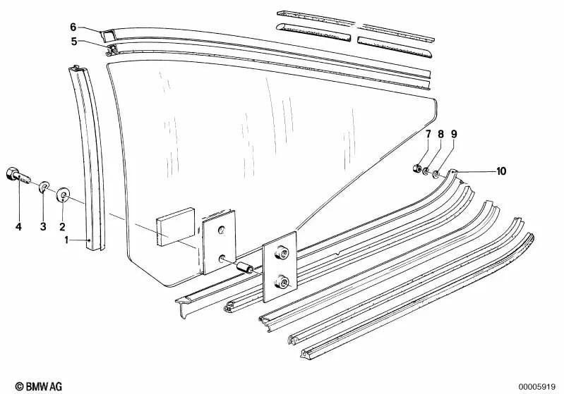 Right window guide for BMW 6 Series E24 (OEM 51361886970). Original BMW.