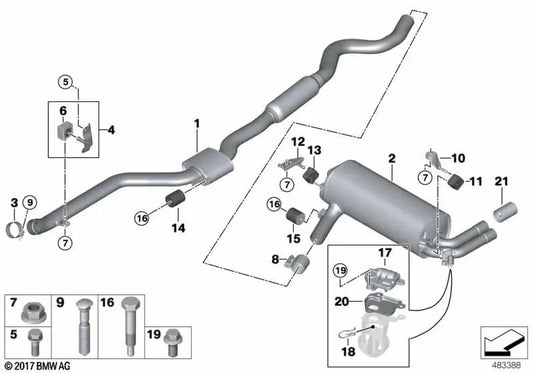 Silenciador delantero para BMW F34N, Serie 3 (OEM 18308643275). Original BMW