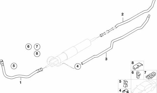 Hose holder for BMW E87N, F20N, F21N, F22, F23, E46, E90, E91, E92, E93, F30, F31, F34, F32, F33, F36, E60N, F10N, F11N, E83N, F25, F26, E53 , E70, F15, E71 (OEM 16122229468). Genuine BMW