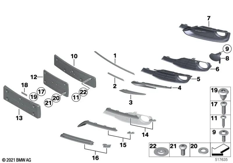 Teilweise offener rechter Kühlergrill für BMW 3er F30, F31 (OEM 51117255370). Original BMW