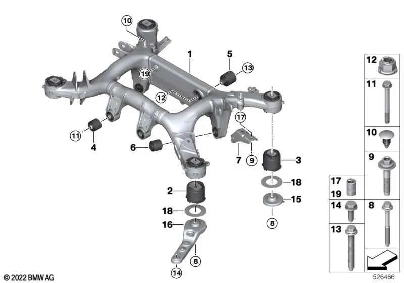 Cojinete de goma trasero para BMW F90, F91, F92, F93, F95, F96, G09 (OEM 33318091624). Original BMW.