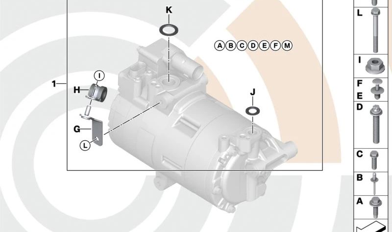 Kit de montaje compresor de aire acondicionado eléctrico OEM 64505A7E8D6 para BMW i3 (I01). Original BMW.