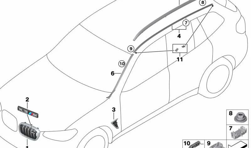 Griglia decorativa anteriore destra 51118098092 per BMW F98. BMW originale.