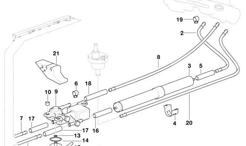 Tubo de retorno de combustible delantero para BMW E36 (OEM 16121182862). Original BMW