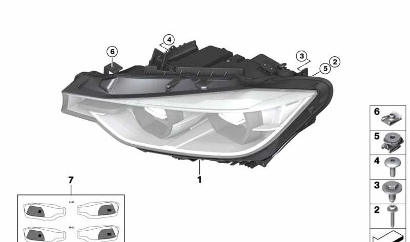 Faros LED derecho OEM 63118492472 para BMW F30 y F31. Original BMW.