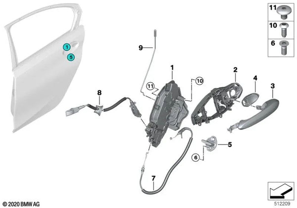 Varilla de activación puerta trasera izquierda para BMW Serie 3 G20, G21, G80, G81 (OEM 51227432225). Original BMW