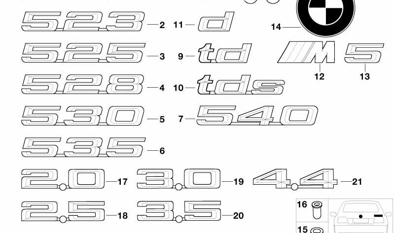 Rear glued emblem for BMW E36, E34, E39 (OEM 51148122483). Genuine BMW.