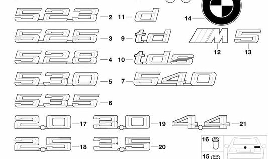 Rear glued emblem for BMW E36, E34, E39 (OEM 51148122483). Genuine BMW.