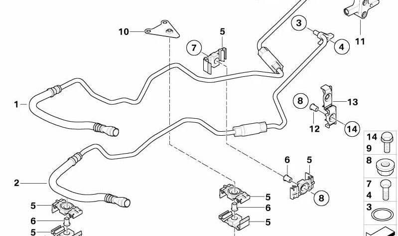 OEM 17227519264 oil radiator pipe support for BMW E60, E61, E63, E64, E65, E66. Original BMW.