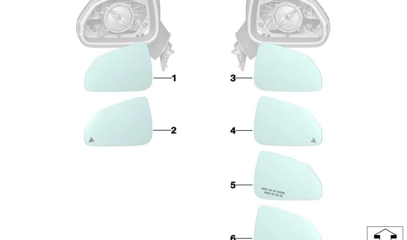 Cristal de espejo gran angular izquierdo OEM 51165A18095 para BMW U06, U11, U12, U10. Original BMW.