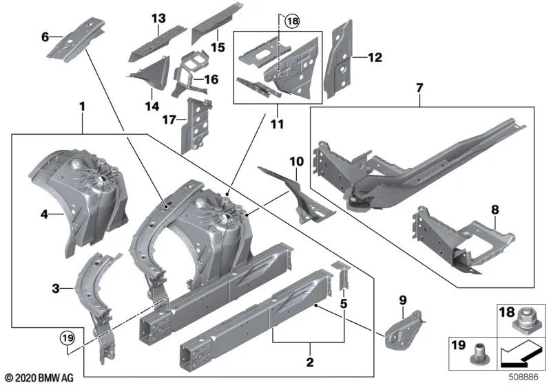 Chapa de cierre y soporte izquierdo para BMW F90, G30, G31, G38, G32, G11, G12, F91, G14, G15, G16 (OEM 41007412959). Original BMW.