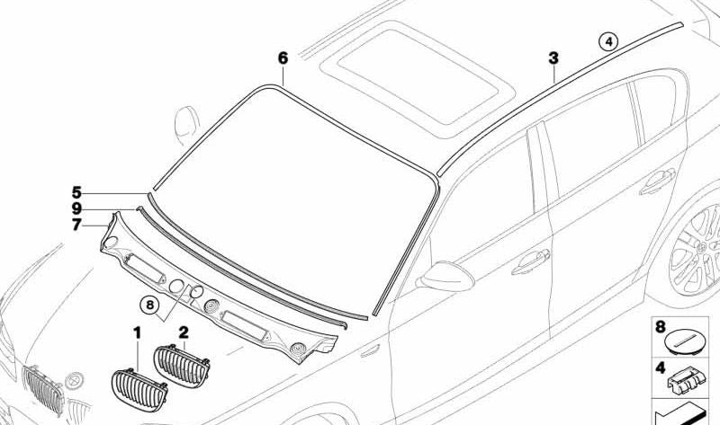 Moldura de techo derecha para BMW E81, E87, E87N (OEM 51137058232). Original BMW