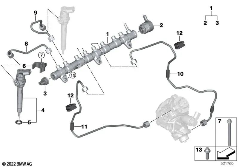 High pressure line for BMW G60, G61, G70, G05N, G06N, G07N (OEM 13539886443). Original BMW.