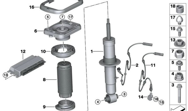 Amortiguador trasero izquierdo OEM 37105A45263 con suspensión VDC para BMW G05, G06. Original BMW.