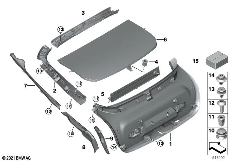 Right trunk lid liner for BMW G26 (OEM 51497487588). Original BMW.