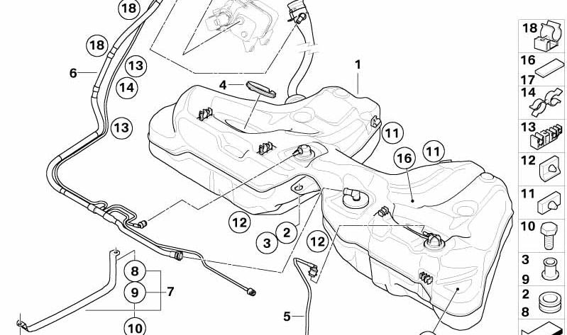 Depósito de combustible de plástico con tubo de llenado para BMW Serie 6 E63, E64 (OEM 16116767626). Original BMW