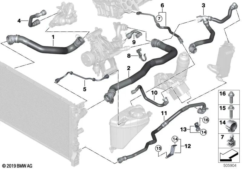 Tubo da bomba de refrigerante para BMW G30, G31, G32N (OEM 17128598386). BMW original