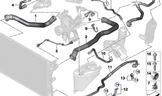 Manguera del enfriador de aceite de la transmisión para BMW Serie 5 G30, G31 y Serie 6 G32 (OEM 17128598384). Original BMW