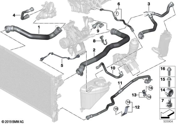 Tubo de la bomba de refrigerante para BMW G30, G31, G32N (OEM 17128598386). Original BMW