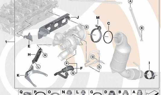 Auspuff-Turbolader-Montagesatz für BMW 1er F20, F21, 2er F22, 3er F30, F31, F34, 4er F32, F33, 5er F10, F11, X1 E84, X5 F15 (OEM 11652411468). Original BMW