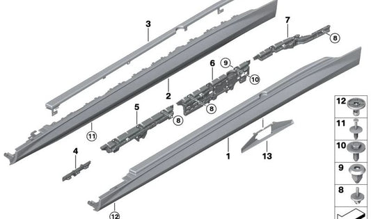 Moulage inférieur droit (embellissement latéral) OEM 51775A1C2C8 pour BMW Series 1 (F20, F21), série 2 (F22, F23, F44), série 3 (F30, F31, F34, G20, G21), série 4 (F32, F33, F36, G22, G23), série X1 (F48), série X2 (F39). BMW d'origine.