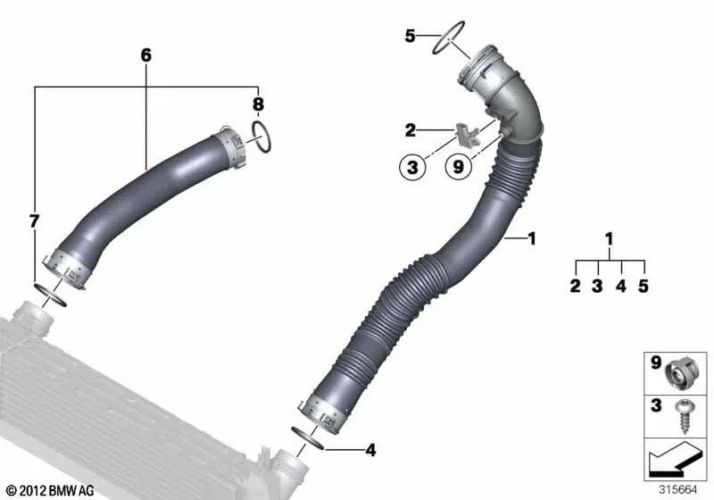 Conducción de aire de carga para BMW F07N, F10, F10N, F11, F11N, F18, F18N (OEM 13717612091). Original BMW.