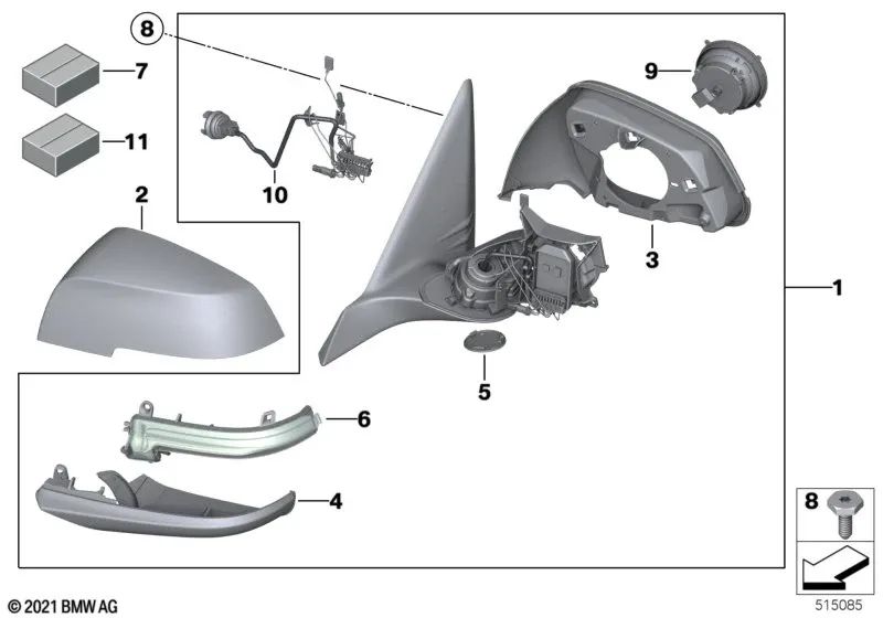 Heated right exterior mirror for BMW 3 Series F30, F31 (OEM 51167345676). Original BMW